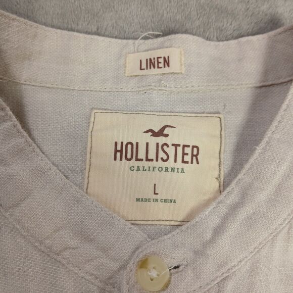 Hollister Mens L Beige Linen Button Up Shirt Summer Casual Long Sleeve Preppy - Picture 1 of 7
